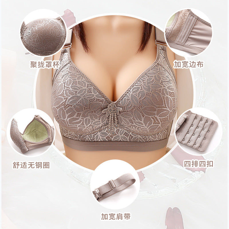 Large size thin section no steel ring comfortable breathable adjustable underwear big breasts show small side gathered mother's bra