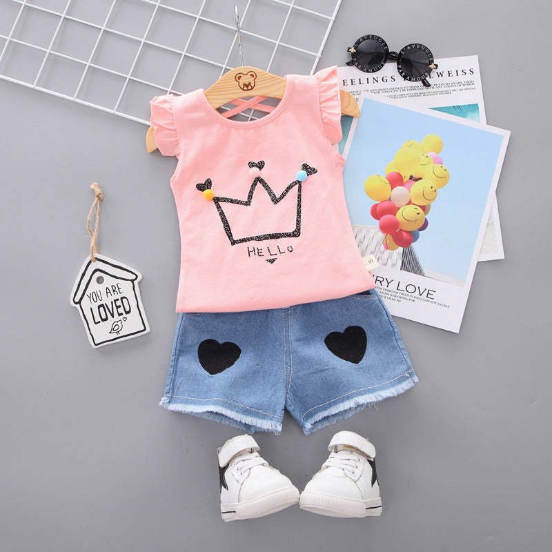 Korean children's clothing summer clothes girls summer cartoon flower vest suit 0-4 years old baby girl shorts two-piece suit trendy