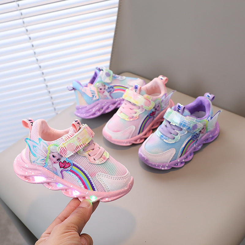 Wholesale girls' shoes with lights 2023 spring and autumn new mesh breathable children's sports shoes all-match Aisha children's shoes