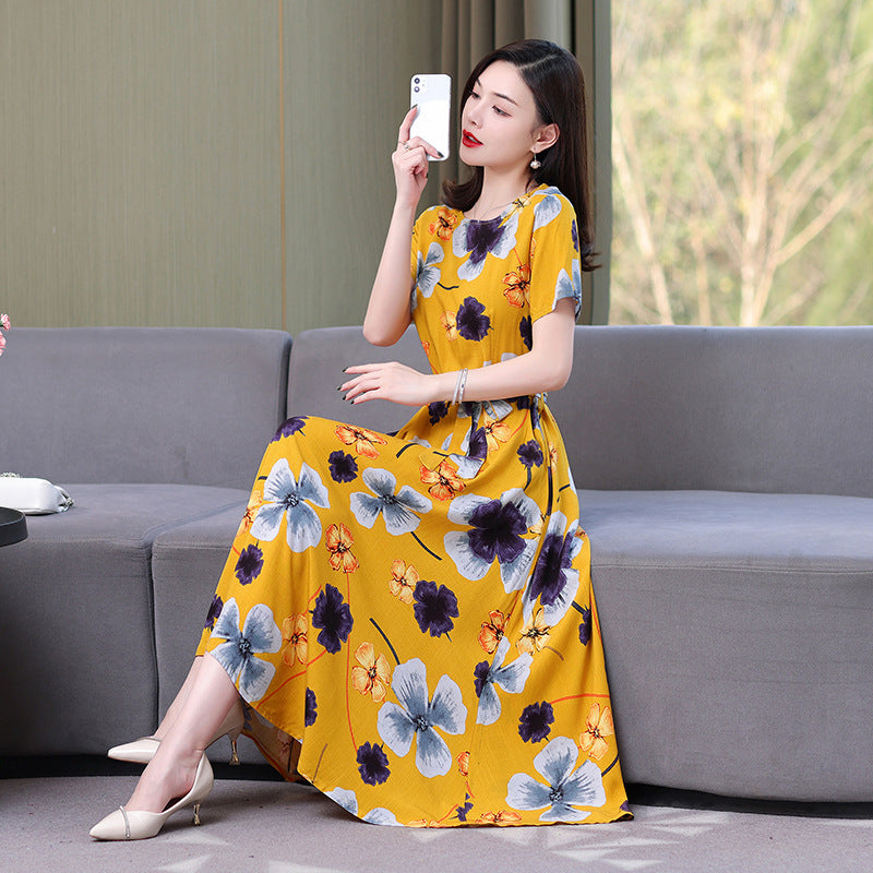 Artificial cotton silk dress women's clothing 2023 summer new middle-aged mother mid-length over-the-knee plus-size loose skirt