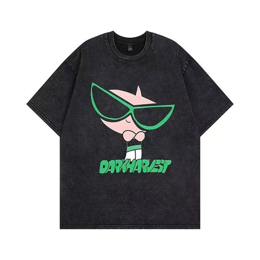 American cartoon washed short-sleeved T-shirt 2024 new couple high street trendy men's street trendy brand old loose short-sleeved