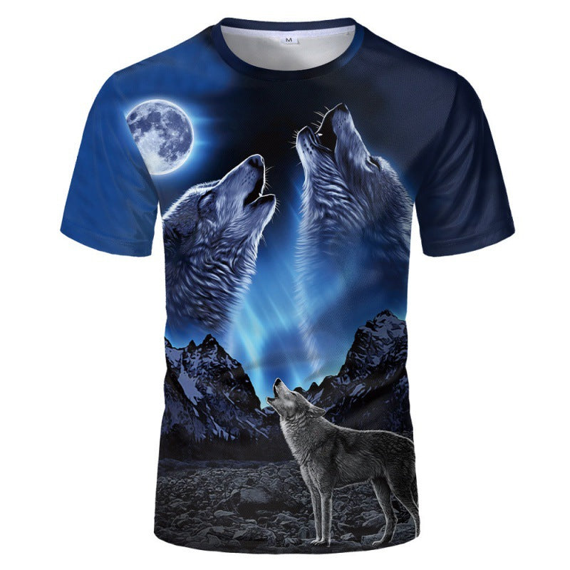 Foreign trade new style black and white wolf head pattern 3D three-dimensional printing short-sleeved T-shirt tide brand half-sleeved T-shirt loose clothes