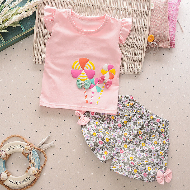 Korean children's clothing summer clothes girls summer cartoon flower vest suit 0-4 years old baby girl shorts two-piece suit trendy