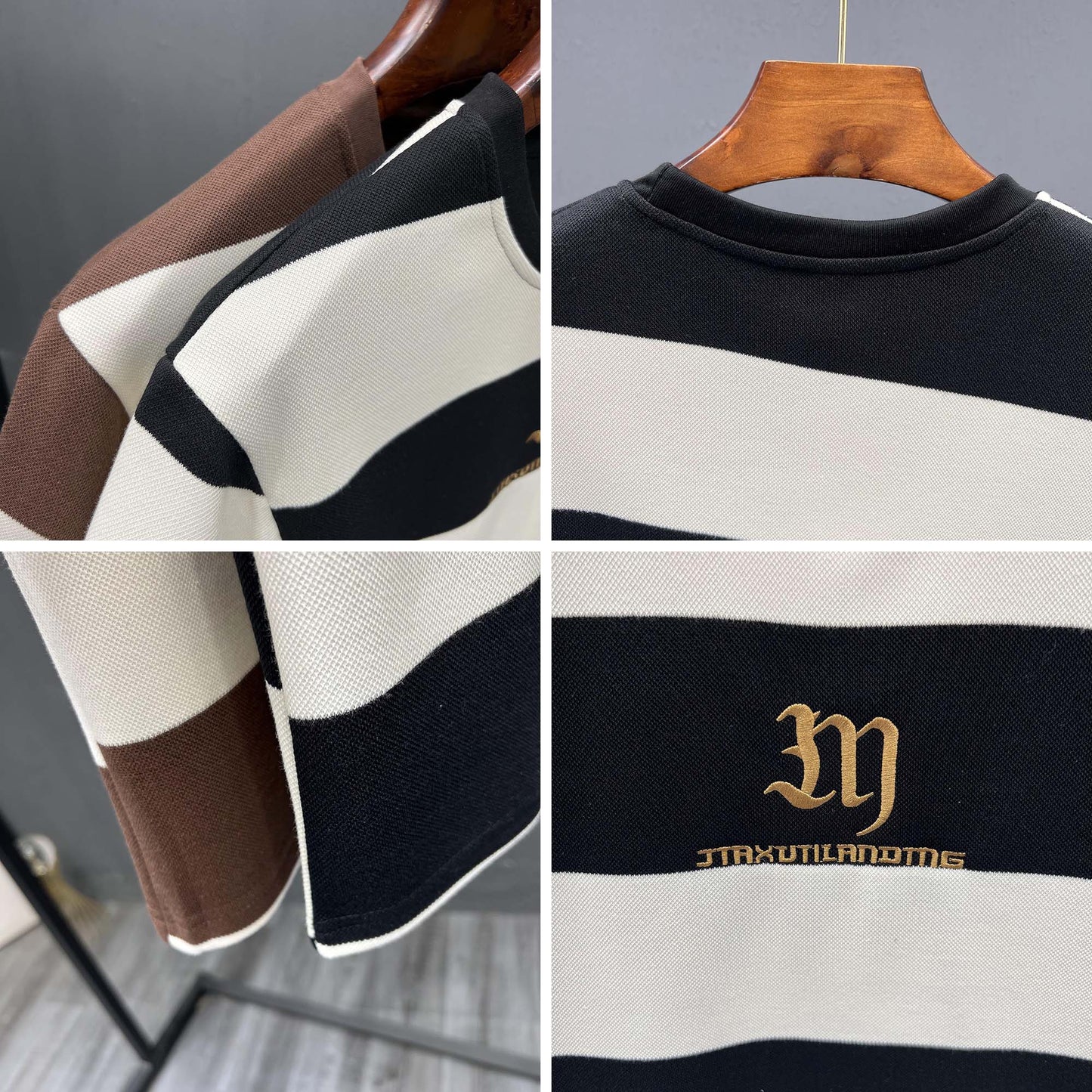 Black and white striped T-shirt men's summer ins trendy brand embroidered half-sleeved T-shirt 2024 new men's top trendy short-sleeved