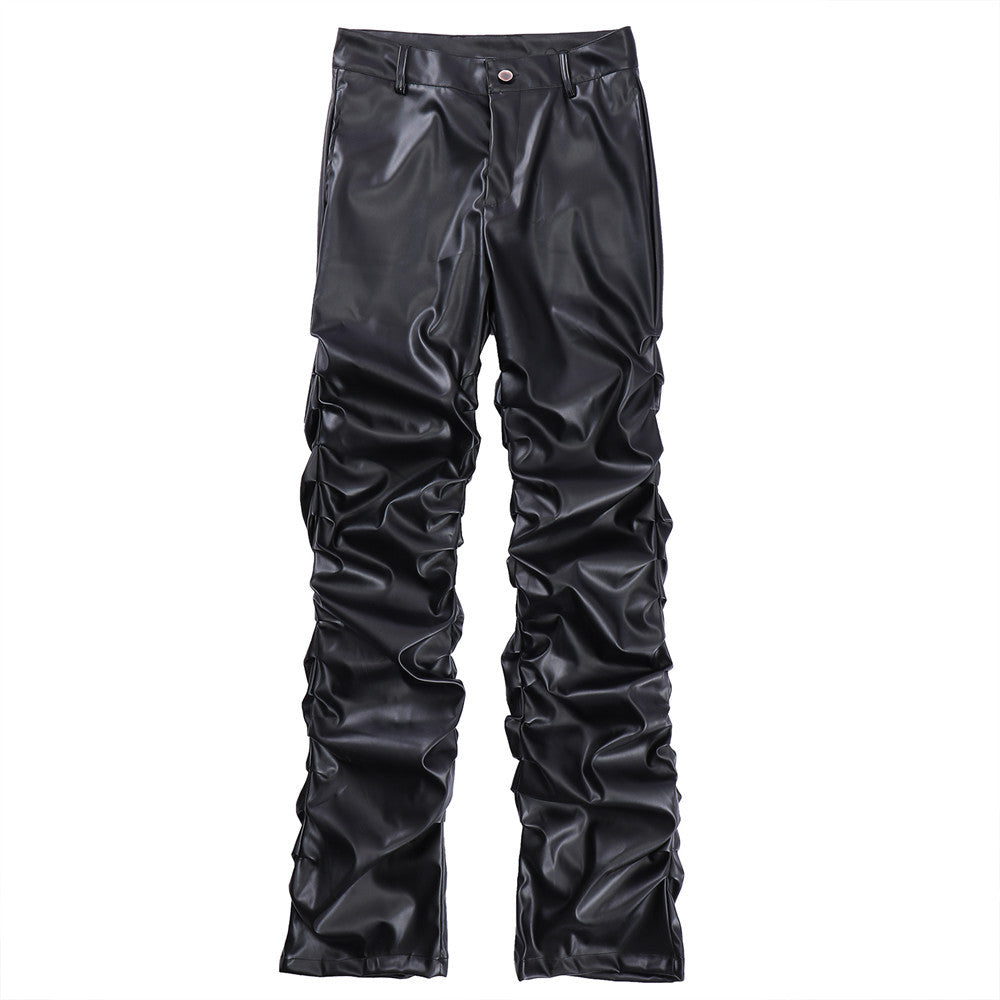 Dark punk niche design bright surface folded leather pants men's ins national trend hip-hop loose casual nine-point trousers