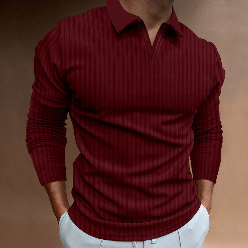 Cross-border European and American wish men's new foreign trade autumn fitness business casual stand-up collar long-sleeved vertical strip V-neck polo shirt