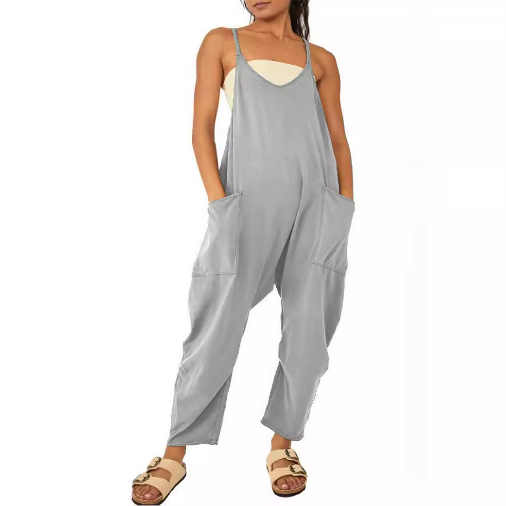 2024 European and American women's clothing Amazon size independent station hot-selling solid color zipper patch pocket suspender jumpsuit fat hip pants