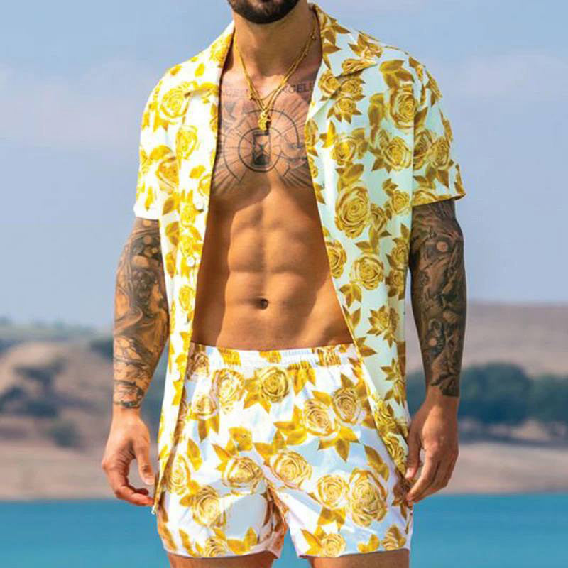 2022 Summer Amazon AliExpress Europe and America Cross-border Men's Shirts Casual Loose Short Sleeve Shorts Beach Suits
