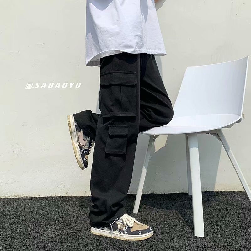 Korean version of the multi-pocket function drawstring overalls men's spring and autumn loose straight-leg pants trendy drape mopping trousers