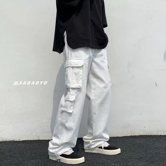 Korean version of the multi-pocket function drawstring overalls men's spring and autumn loose straight-leg pants trendy drape mopping trousers