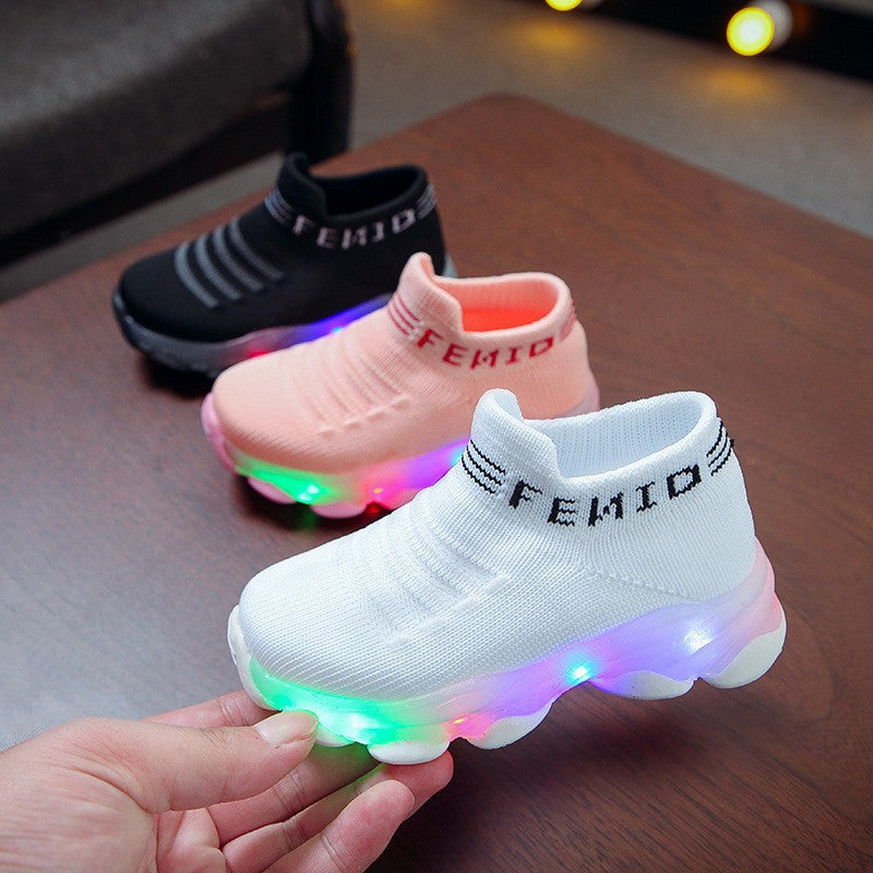 Cross-border popular shoes for boys and girls, LED light shoes, light-up shoes, fly-knit sports shoes, over-the-foot shoes, luminous fishnet socks, shoes