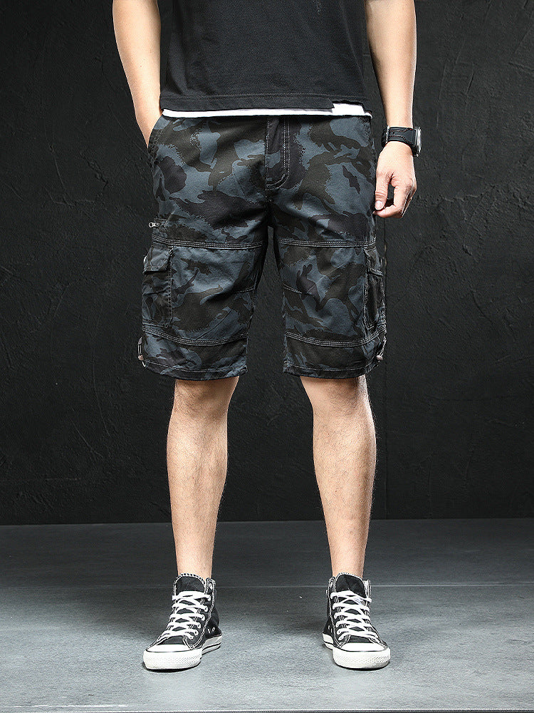 Summer men's loose casual shorts mid-length pants with multiple pockets work shorts small zipper shorts elastic waist large pants