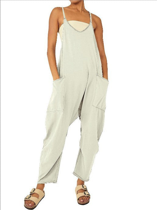 2024 European and American women's clothing Amazon size independent station hot-selling solid color zipper patch pocket suspender jumpsuit fat hip pants