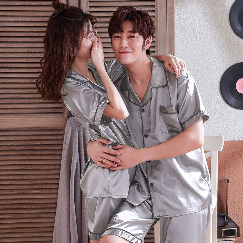 Couple series ice silk various solid color pajamas summer cool short-sleeved silk shorts simple style home clothes suit