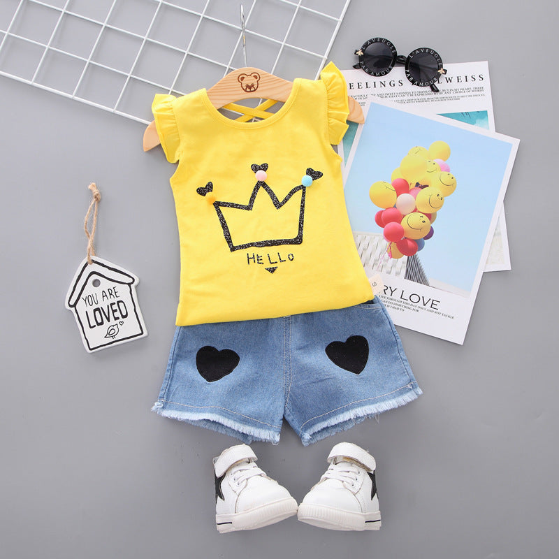 Korean children's clothing summer clothes girls summer cartoon flower vest suit 0-4 years old baby girl shorts two-piece suit trendy