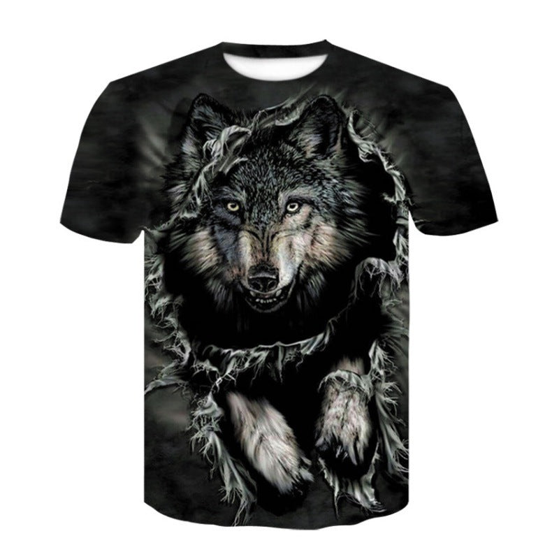 Foreign trade new style black and white wolf head pattern 3D three-dimensional printing short-sleeved T-shirt tide brand half-sleeved T-shirt loose clothes