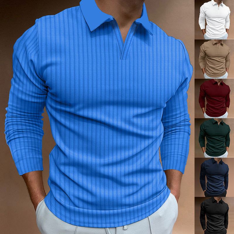 Cross-border European and American wish men's new foreign trade autumn fitness business casual stand-up collar long-sleeved vertical strip V-neck polo shirt