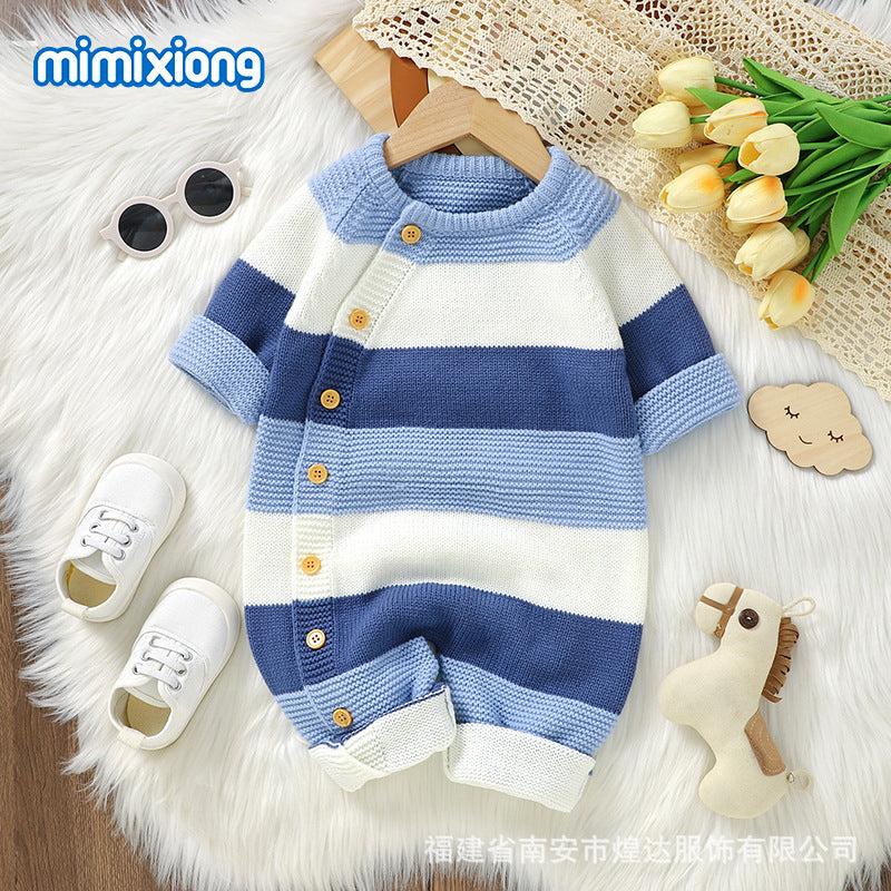 ins hot sale autumn and winter new baby knitted striped one-piece romper climbing clothes boys and girls baby single-breasted jumpsuit