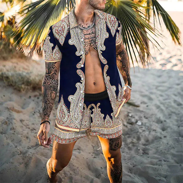 2022 Summer Amazon AliExpress Europe and America Cross-border Men's Shirts Casual Loose Short Sleeve Shorts Beach Suits