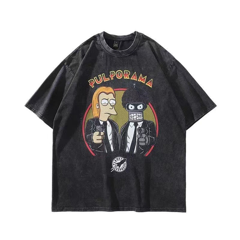 American cartoon washed short-sleeved T-shirt 2024 new couple high street trendy men's street trendy brand old loose short-sleeved