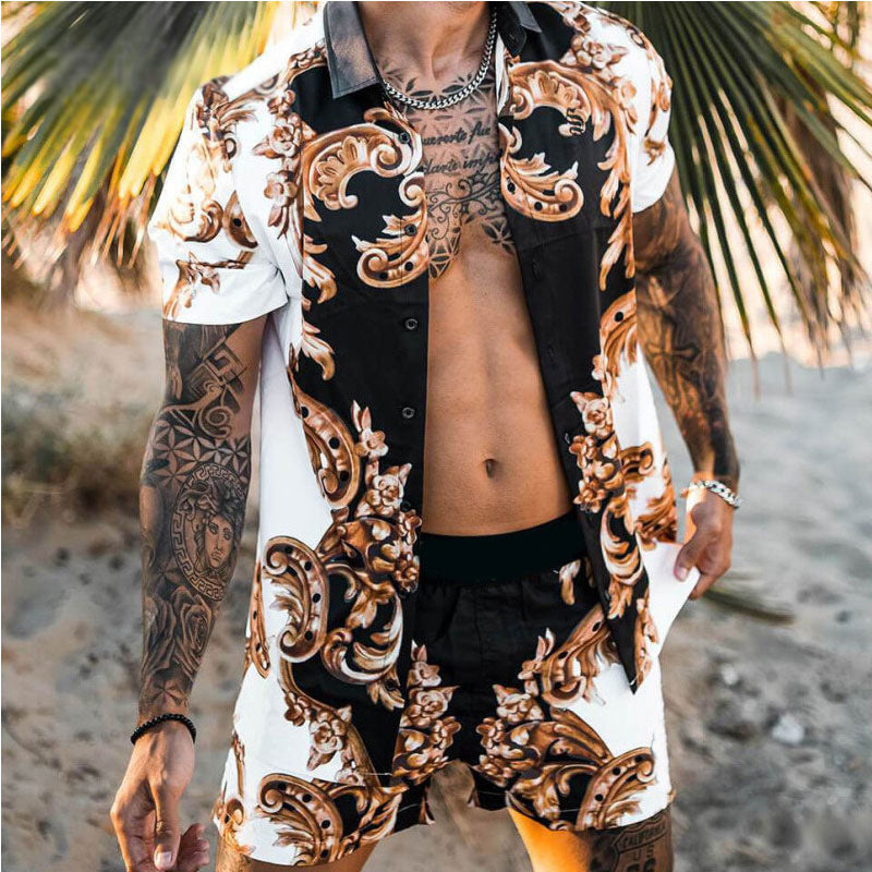 2022 Summer Amazon AliExpress Europe and America Cross-border Men's Shirts Casual Loose Short Sleeve Shorts Beach Suits