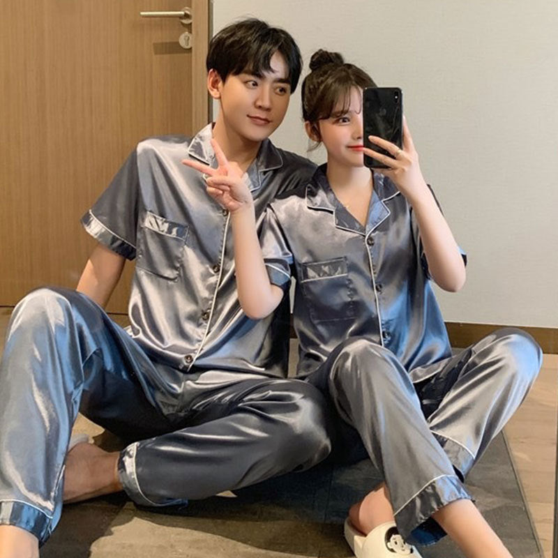 Couple series ice silk various solid color pajamas summer cool short-sleeved silk shorts simple style home clothes suit
