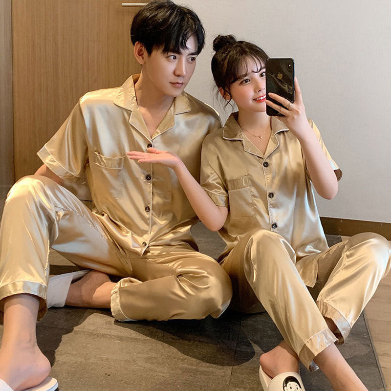 Couple series ice silk various solid color pajamas summer cool short-sleeved silk shorts simple style home clothes suit