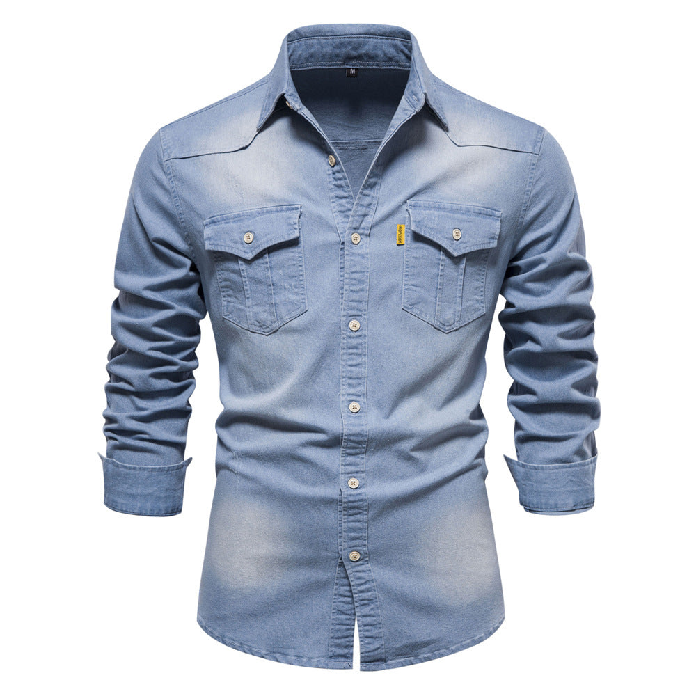 2022 foreign trade trend new American size denim non-ironing shirt men's casual solid color non-ironing men's long-sleeved shirt