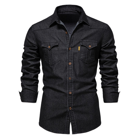 2022 foreign trade trend new American size denim non-ironing shirt men's casual solid color non-ironing men's long-sleeved shirt