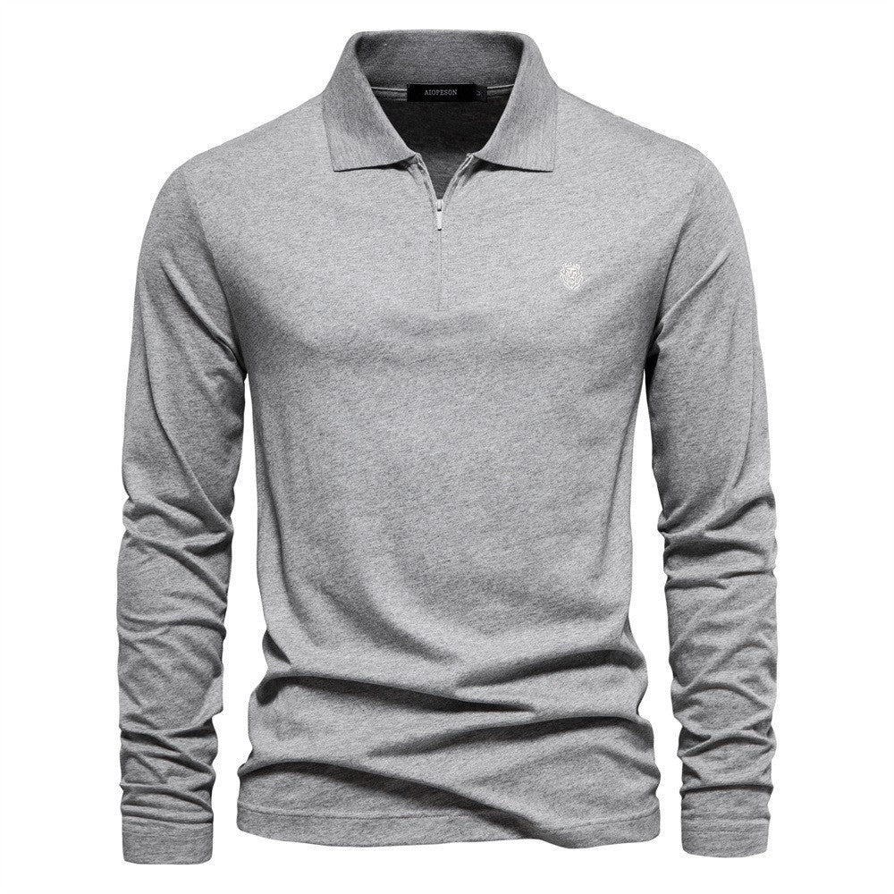 2023 autumn and winter new long-sleeved POLO shirt embroidery men's casual solid color tops zipper lapel pure cotton polo
