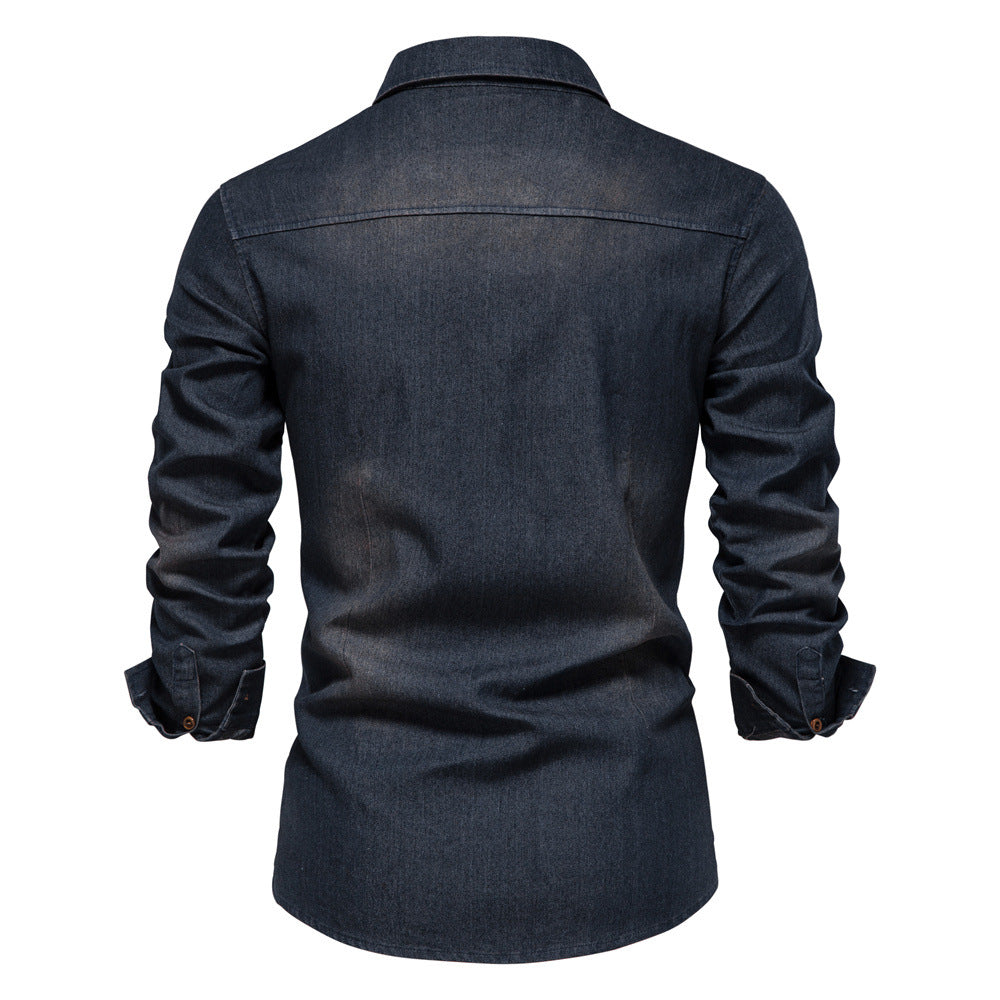 2022 foreign trade trend new American size denim non-ironing shirt men's casual solid color non-ironing men's long-sleeved shirt