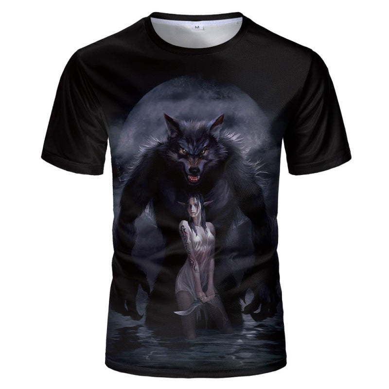 Foreign trade new style black and white wolf head pattern 3D three-dimensional printing short-sleeved T-shirt tide brand half-sleeved T-shirt loose clothes