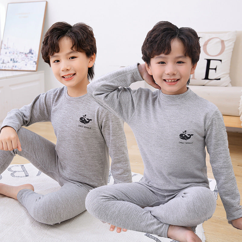 Mid-round neck children's home clothes set double-sided frosted boys and girls long johns AB thermal underwear pajamas
