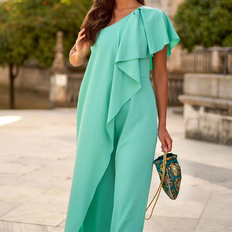 FD1329 Spot 2023 summer new cross-border ladies fashion solid color loose slanted shoulder long jumpsuit