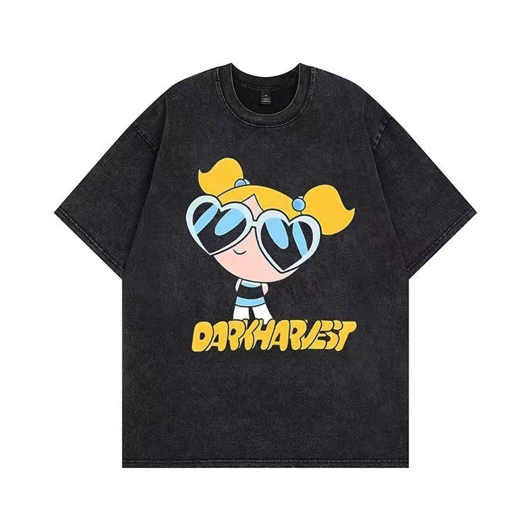 American cartoon washed short-sleeved T-shirt 2024 new couple high street trendy men's street trendy brand old loose short-sleeved