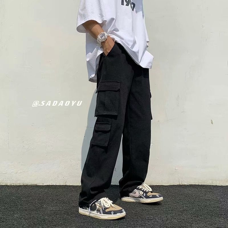 Korean version of the multi-pocket function drawstring overalls men's spring and autumn loose straight-leg pants trendy drape mopping trousers