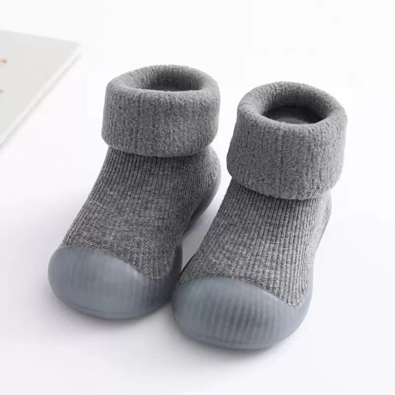Baby learning shoes autumn and winter plus velvet thick soft bottom non-slip boys and girls baby shoes pure cotton floor socks keep warm