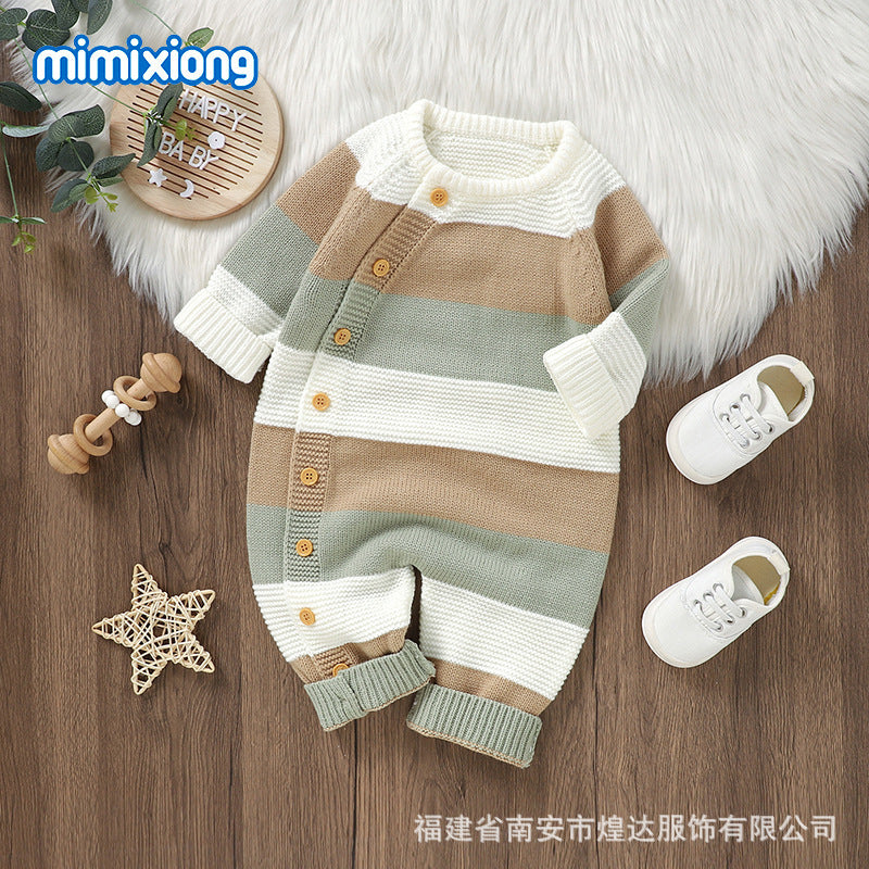 ins hot sale autumn and winter new baby knitted striped one-piece romper climbing clothes boys and girls baby single-breasted jumpsuit