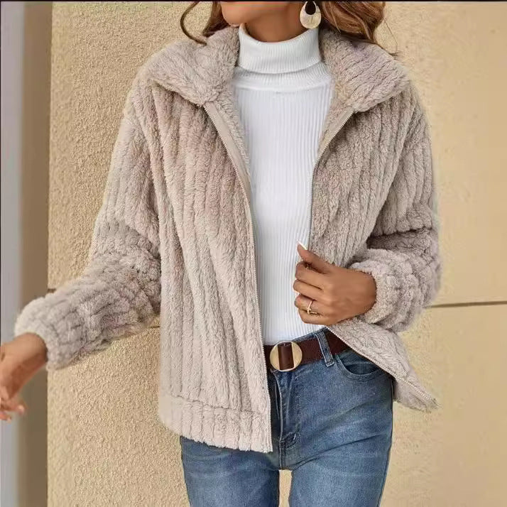 2024 new cross-border autumn and winter plush cardigan lapel short coat