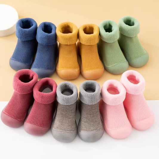 Baby learning shoes autumn and winter plus velvet thick soft bottom non-slip boys and girls baby shoes pure cotton floor socks keep warm