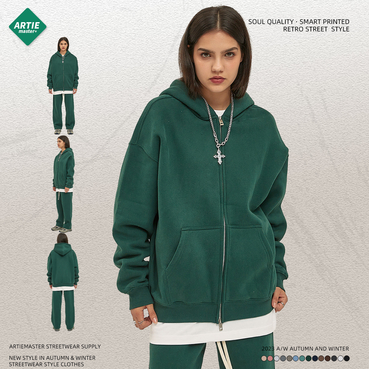 Velvet 350G Double-Head Zipper Cardigan Loose Fashion Brand Hooded Sweatshirt