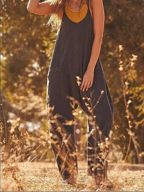 2024 European and American women's clothing Amazon size independent station hot-selling solid color zipper patch pocket suspender jumpsuit fat hip pants