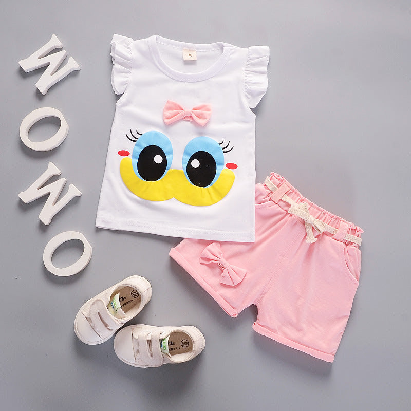 Korean children's clothing summer clothes girls summer cartoon flower vest suit 0-4 years old baby girl shorts two-piece suit trendy