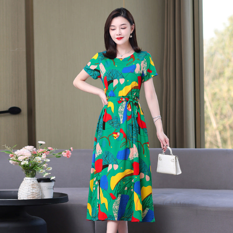 Artificial cotton silk dress women's clothing 2023 summer new middle-aged mother mid-length over-the-knee plus-size loose skirt