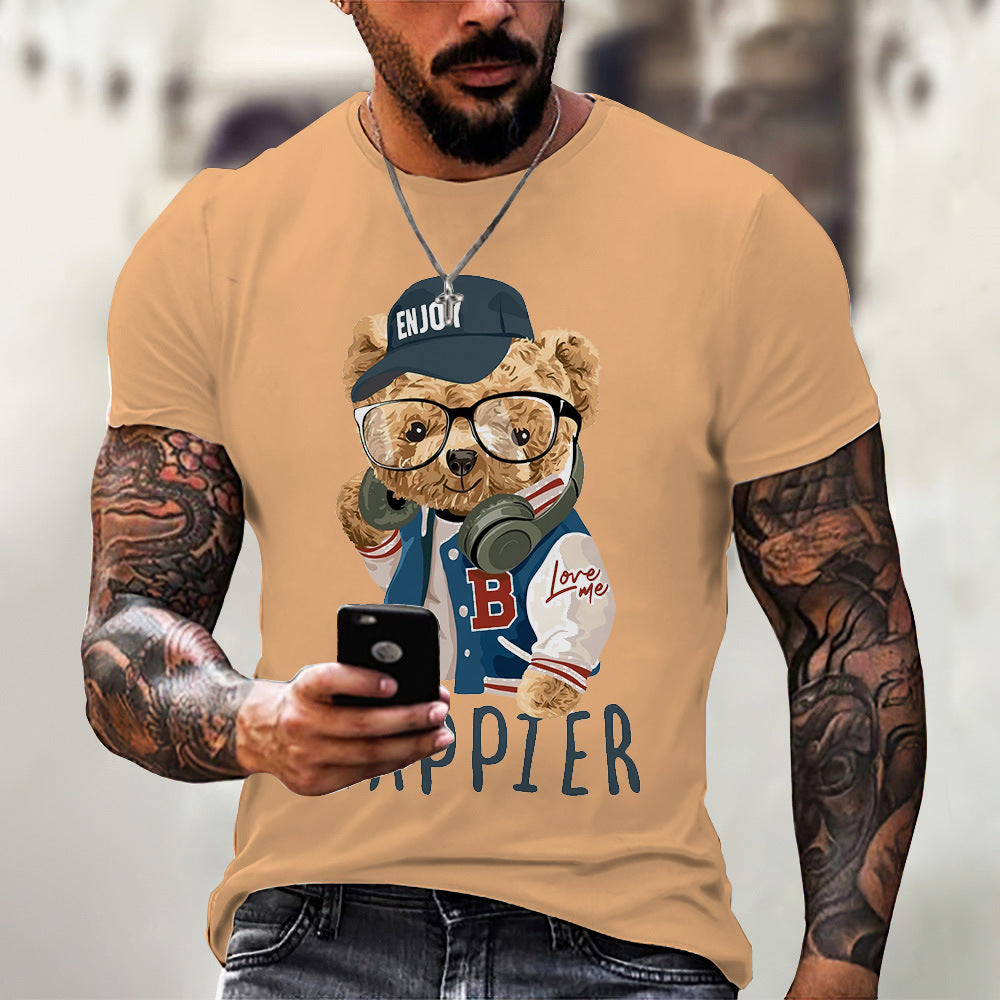 Men's T-shirt 2023 spring and summer new O-neck short-sleeved cute bear 3D printing top source factory can print LOGO