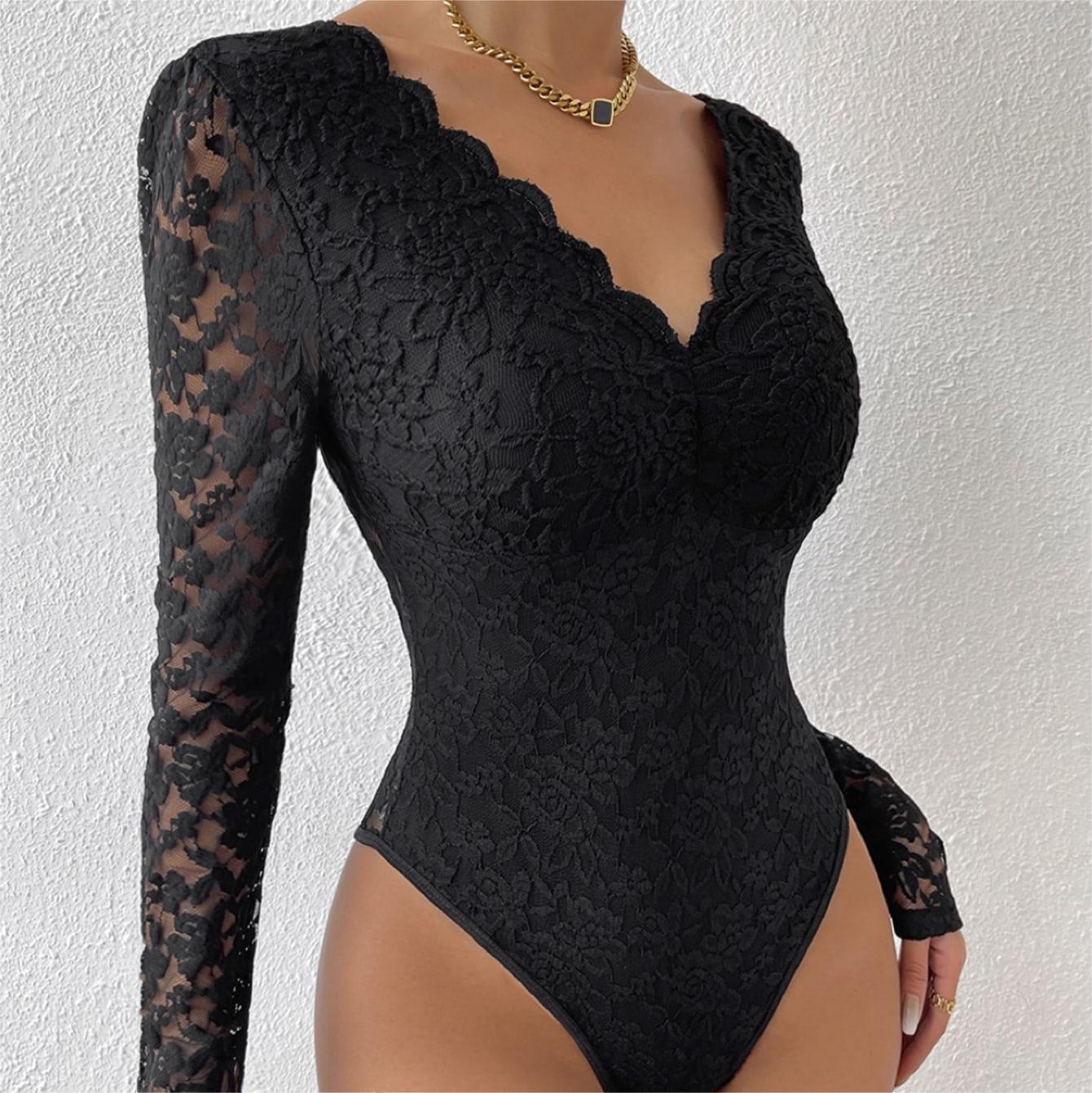 Cross-border foreign trade Amazon hot selling sexy solid color lace long-sleeved hot girl see-through slim fit jumpsuit 10717