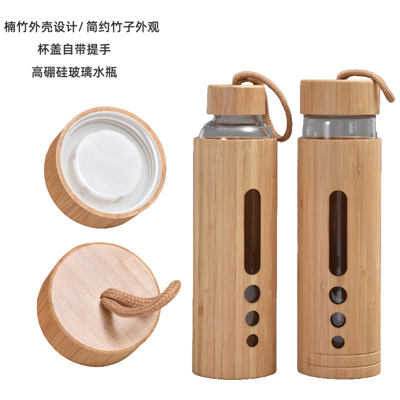 Foreign trade bamboo shell glass cup high temperature resistant high borosilicate single layer glass water bottle creative bamboo anti-scalding handle glass cup