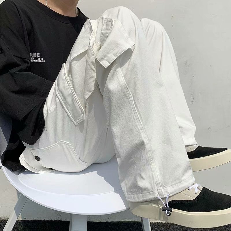 Korean version of the multi-pocket function drawstring overalls men's spring and autumn loose straight-leg pants trendy drape mopping trousers