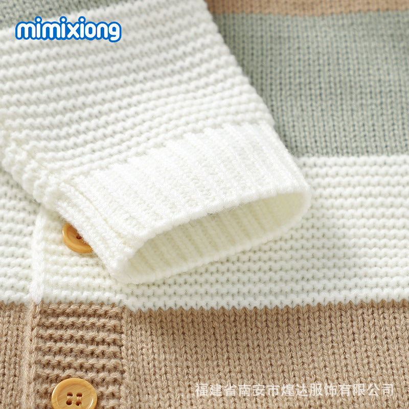 ins hot sale autumn and winter new baby knitted striped one-piece romper climbing clothes boys and girls baby single-breasted jumpsuit