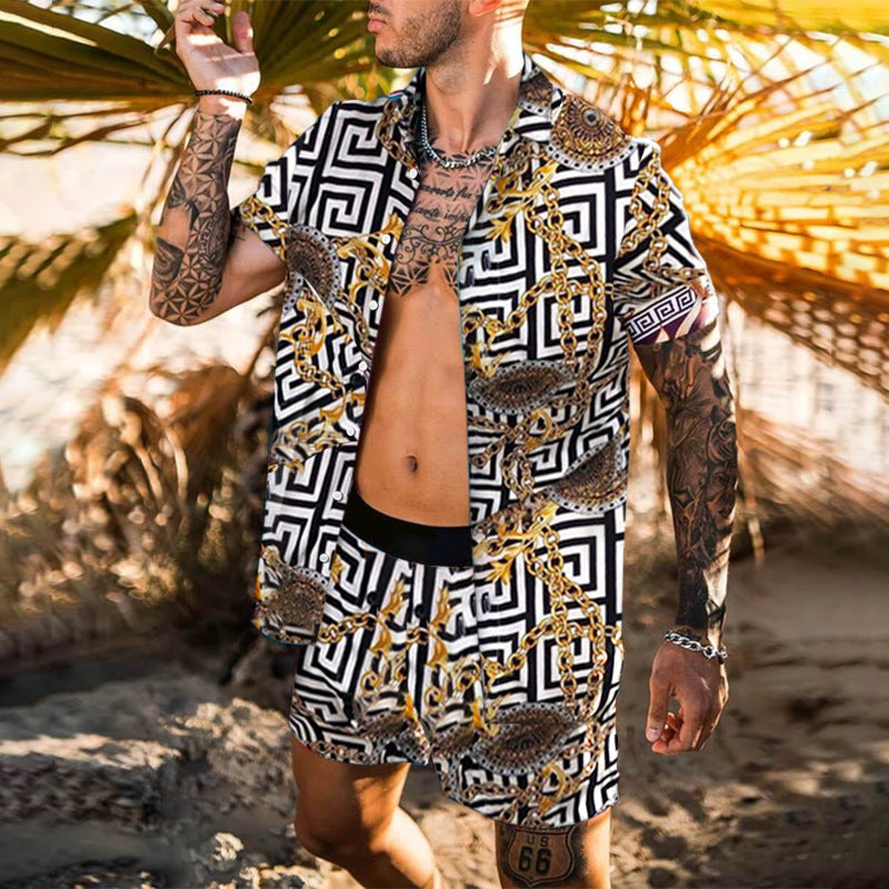 2022 Summer Amazon AliExpress Europe and America Cross-border Men's Shirts Casual Loose Short Sleeve Shorts Beach Suits